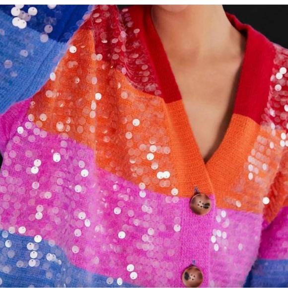 Farm Rio Small S rainbow striped sequin cardigan - Picture 5 of 9